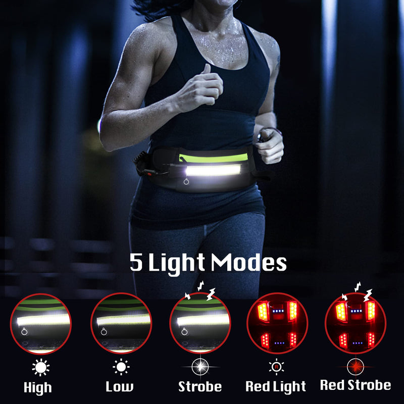[Australia - AusPower] - Running Light, 1000Lumens Running Belt Fanny Pack with 230°Rechargeable Night Running Light for Phone Waist Bag Light with Water Bottle Holder Slim Running Belt for Runners Sports Jogging Walking Black 