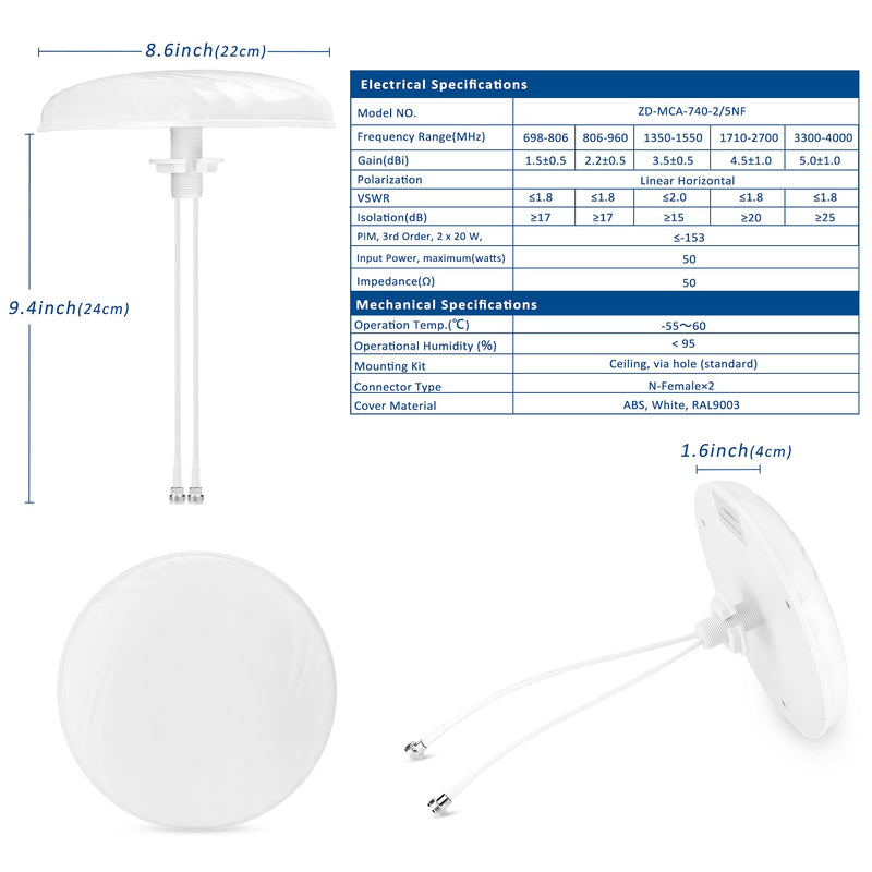 [Australia - AusPower] - Cross Polarized MIMO Dome Ceiling Antenna Indoor 2-5dBi 3G/4G/LTE/5G with Dual N Female Connector for Verizon AT&T T-Mobile Sprint Cell Phone Signal Booster Repeater Cellular Amplifier（698-4000MHz） 