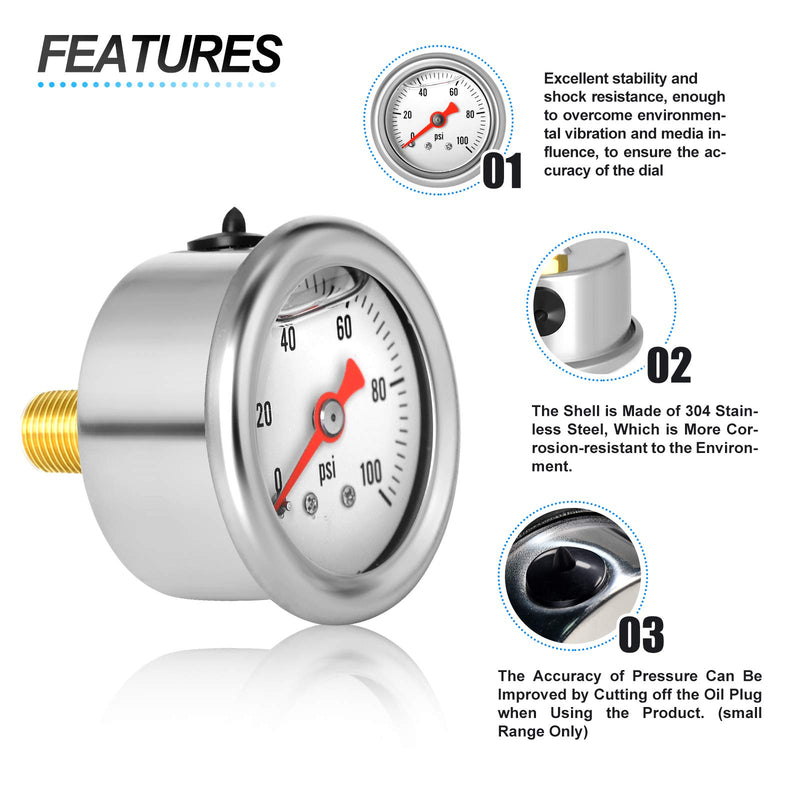 [Australia - AusPower] - MEANLIN MEASURE 0~100Psi Stainless Steel 1/8" NPT 1.5" FACE DIAL， Glycerin Filled Fuel Pressure Gauge， Liquid Filled Pressure Gauge WOG Water Oil Gas Center Back Mount 0-100Psi 