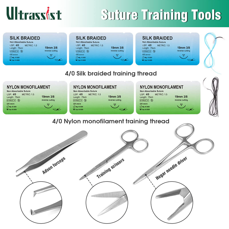 [Australia - AusPower] - Ultrassist Suture Kit for Medical Students, Suture Stitching Kit with 19 Pre-Cut Wounds, Suture Instruments, Various Suture Threads and Needles, Ideal Practice Suture Training Kit (Education Use Only) 10 pieces 