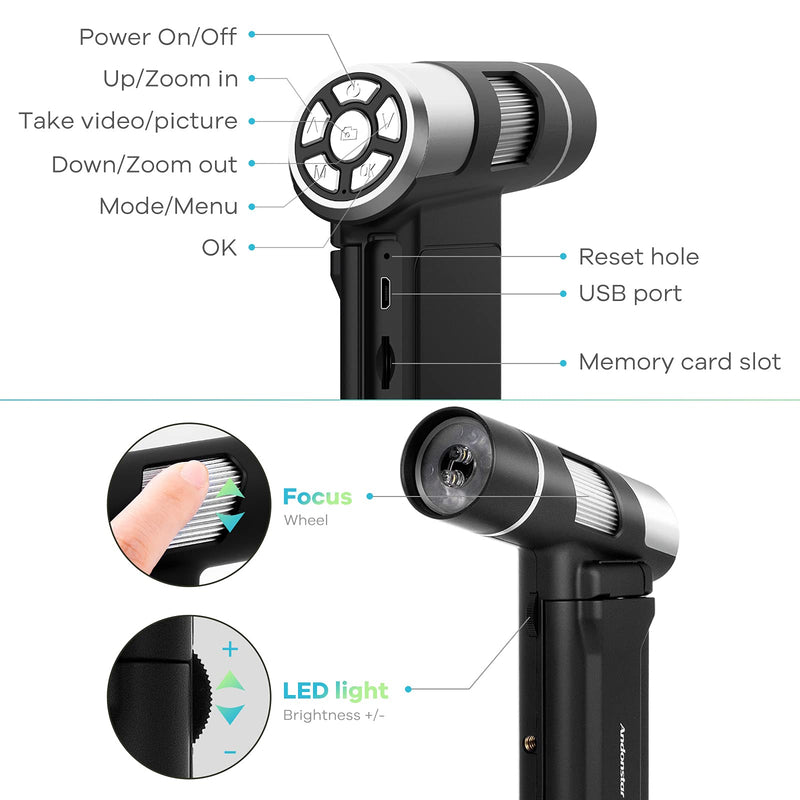 [Australia - AusPower] - Andonstar AD203 Handheld Digital Microscope, FHD Portable Microscope 4 Inch Rotatable Monitor, USB Pocket Microscope for Adults Kids, Coin Inspection Microscope, Loupe Magnifier, PC View, 32GB(Black) BLACK 