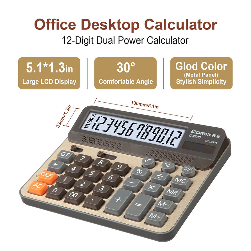 [Australia - AusPower] - Comix Desktop Calculator, Large Computer Keys, 12 Digits Display, Champaign Gold Color Panel, C-2735 