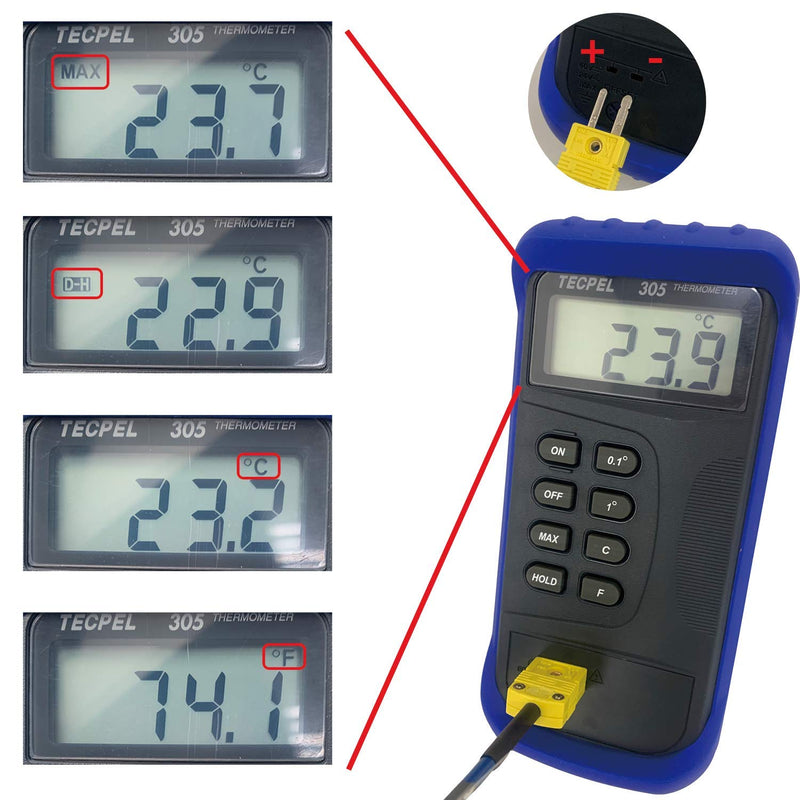 [Australia - AusPower] - TECPEL DTM-305 Digital Single Input Thermocouple Thermometer with Type k thermocouple Probe (TPK-01) 