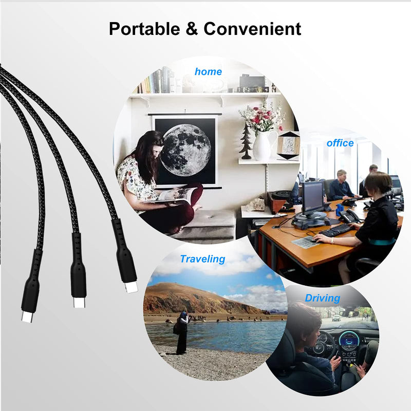 [Australia - AusPower] - Multi Charging Cable, 3 in 1 5A Fast Charging Cable Adapter with Type-C, Nylon Braided Universal 4FT/3Pack 3 in 1 Quick Charging Cord, Compatible with Cell Phones and More -Black 