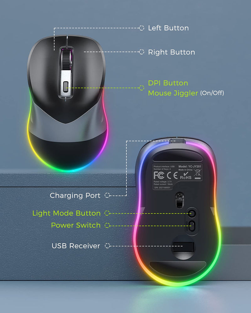 [Australia - AusPower] - Wireless Mouse, Jiggler Mouse for Laptop - LED Mouse Rechargeable Computer Mice Mouse Mover Undetectable Random Movement with On/Off Button Keeps Computer Awake - Black&Grey Black & Grey Mouse 