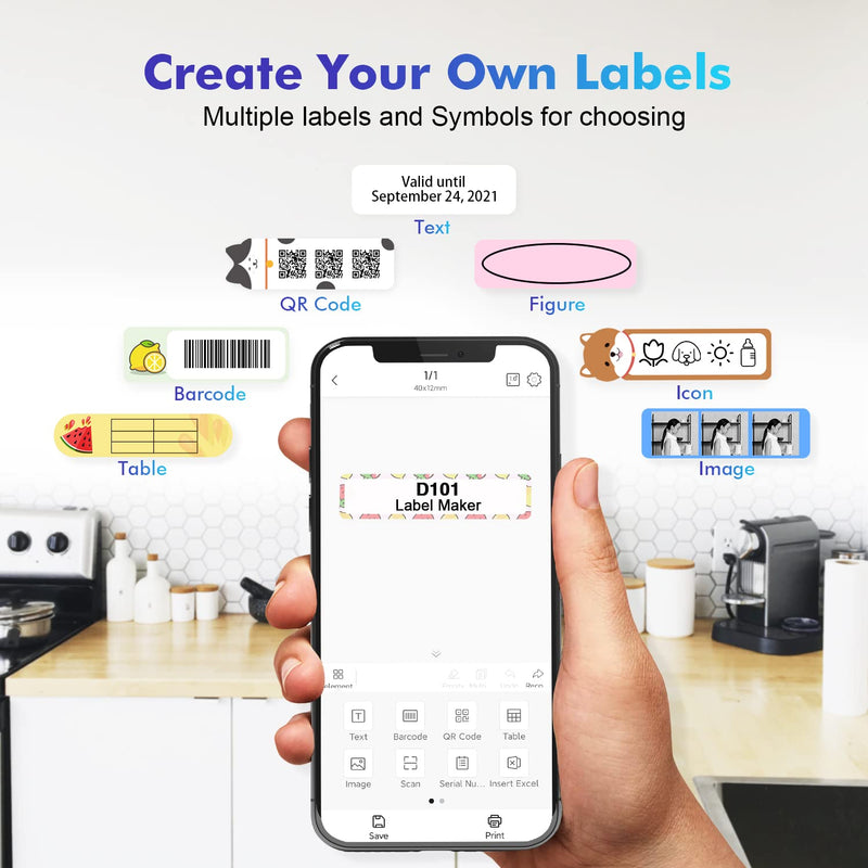 [Australia - AusPower] - 1 Inch Label Printer D101 with a Roll Paper, Portable Bluetooth Rechargeable Sticker Maker, Easy to Print Name, Text, Cable Labels, Price Tags, Barcode, Emojis, Symbols and More 