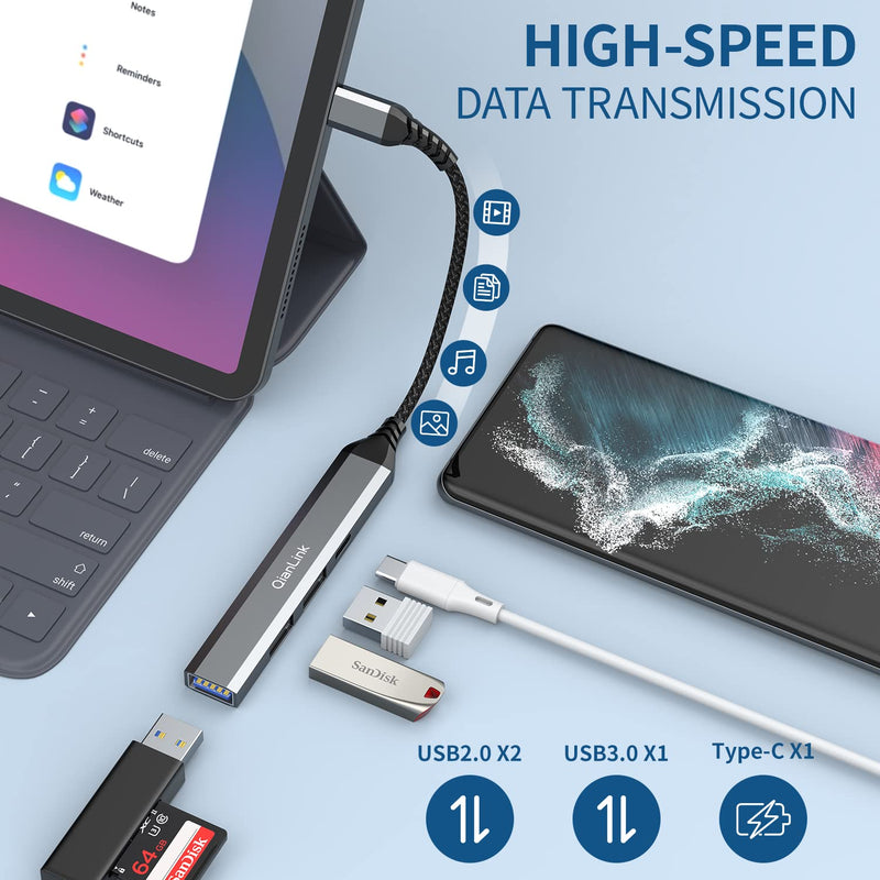 [Australia - AusPower] - QianLink 4-in-1 USB-C Hub with Type C, USB 3.0, USB 2.0 Compatible with 2023-2016 MacBook Pro 13 14 15 16, New Mac Air/Surface, ChromeBook, iPad pro, Multiport Charging & Connecting Adapter (Grey) 