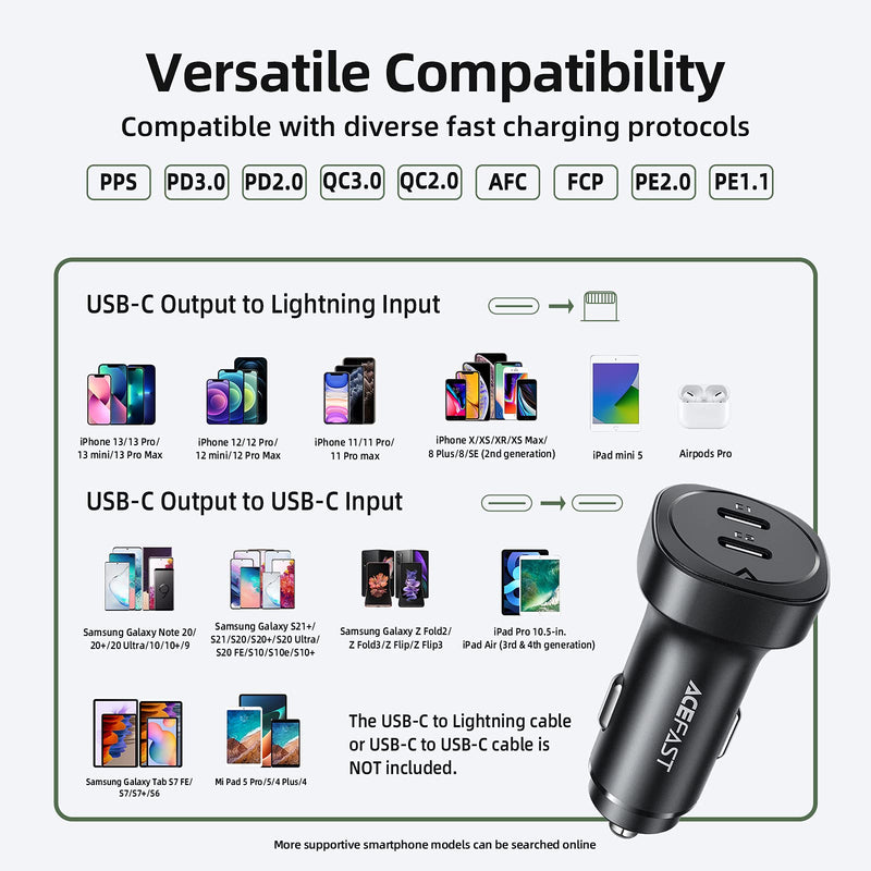 [Australia - AusPower] - Fast Car Charger 72W USB C, ACEFAST Dual PD3.0 Port Metal USB Type C Car Power Adapter for iPad Air/Pro, iPhone 13 Pro Max/13 mini/12 Pro Max, Samsung Galaxy S21+/S21 Ultra/S20/S20+/S20 Ultra, Note 20 