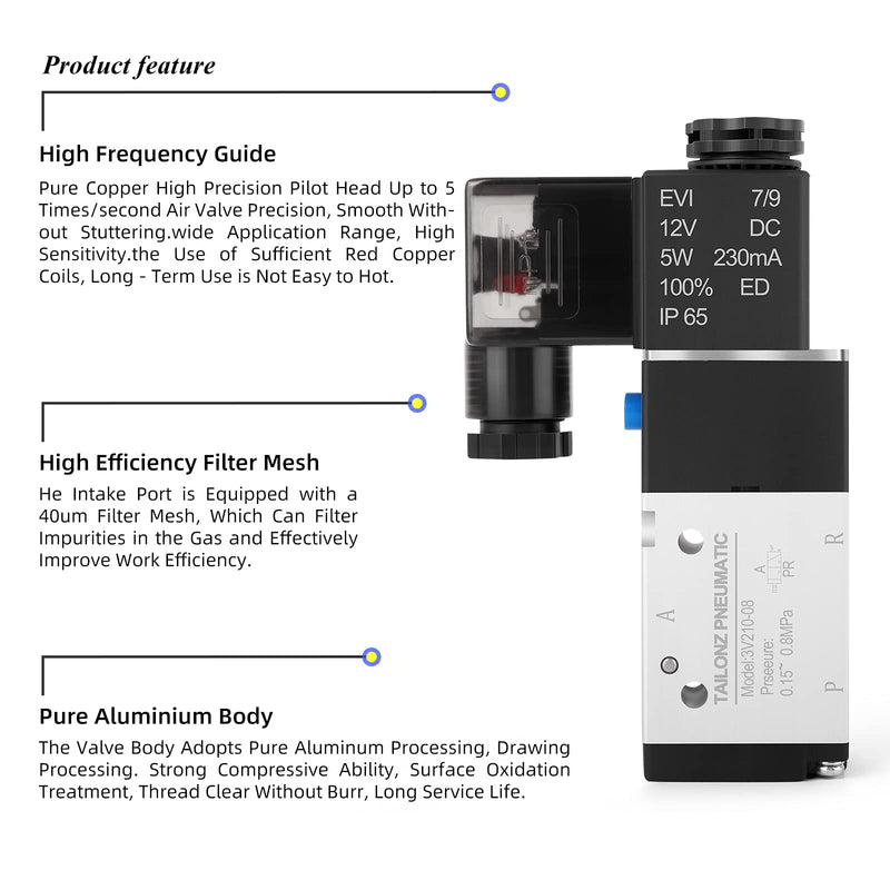 [Australia - AusPower] - TAILONZ PNEUMATIC 1/4"NPT Solenoid Valve 3V210-08 12V/24V/110V/220V Single Coil Pilot-Operated Electric 2 Position 3 Way Connection Type DC12V 