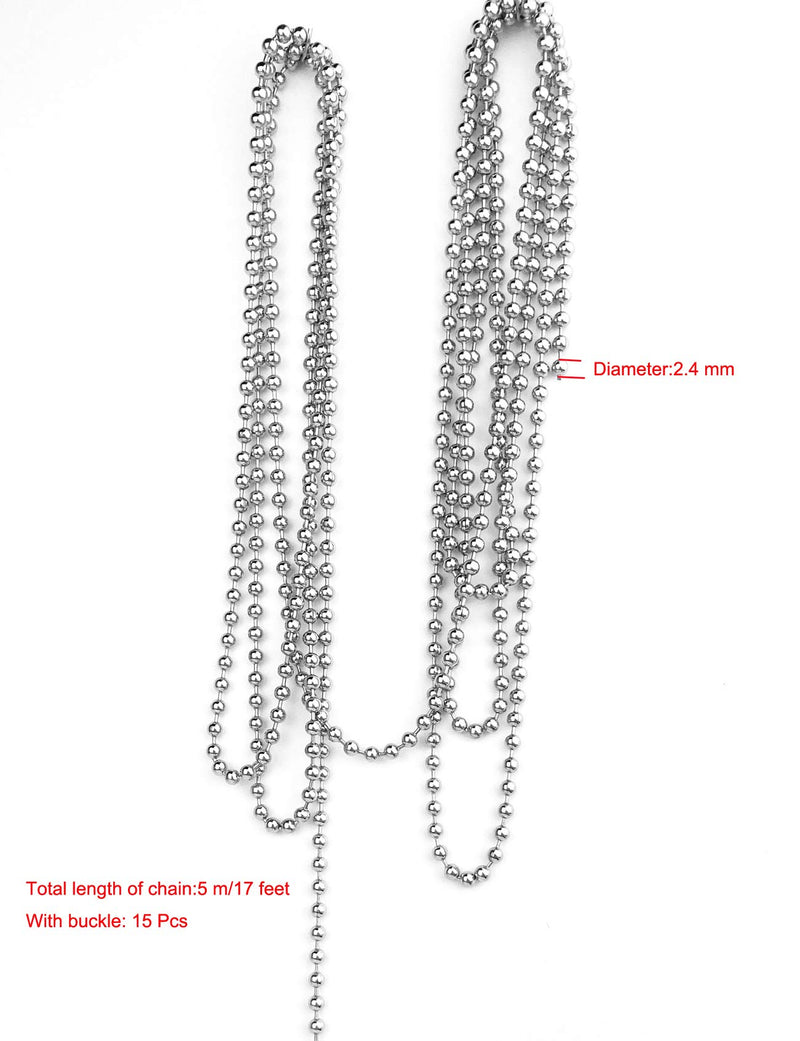 [Australia - AusPower] - 17 Feet Stainless Steel Beaded Pull Chain Extension with Connector,Beaded Roller Chain with 15 Matching Connectors,Silver(2.4mm) 2.4mm 