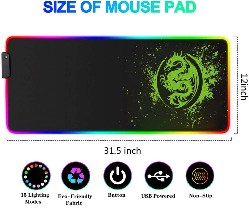 [Australia - AusPower] - Large RGB Gaming Mouse Pad - 15 Light Modes Extended Computer Keyboard Mat, Anime Dragon Mouse Pad，High-Performance Mouse Pad Optimized for Gamer 31.5 X 12in (Green) Green 