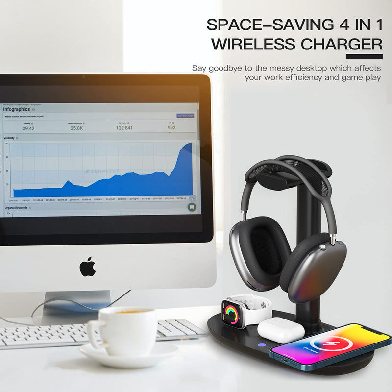 [Australia - AusPower] - Headphone Stand with 15w Wireless Charger, Suguder 4 in 1 Qi Charging Station Headset Holder for AirPods Max/Pro/2 iWatch 7/6/5/4/3/2/1/SE iPhone 13/12/11/XS/XR/X/8 Series for Desktop Table Game,Black Black 