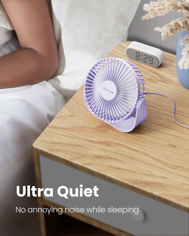 [Australia - AusPower] - Gaiatop USB Desk Fan, 3 Speeds Portable Small Fan with Strong Airflow, 5.5 Inch Quiet Table Fan, 90° Rotate Personal Cooling Fan For Bedroom Home Office Desktop Travel (Purple) Purple 