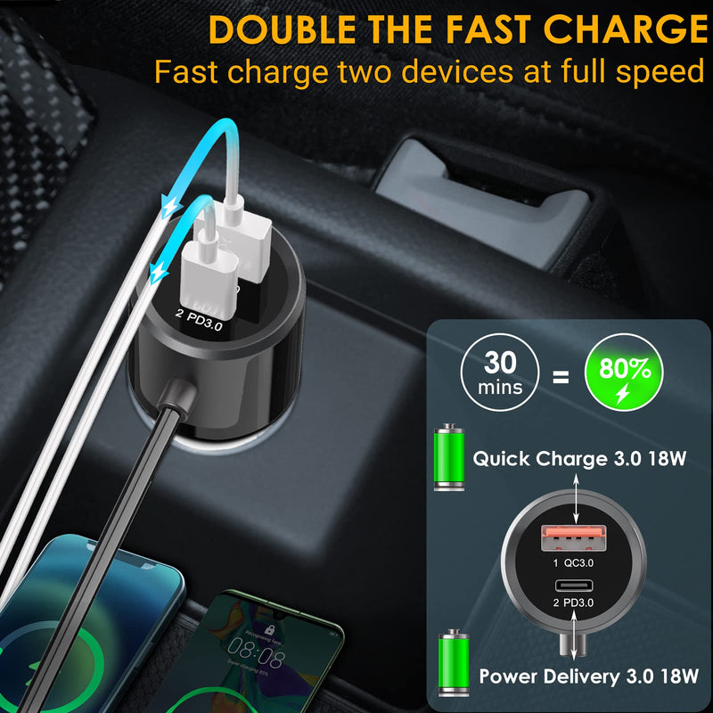 [Australia - AusPower] - Multi 5 Ports USB C Car Charger, 74W QC3.0 & PD3.0 Type C Cigarette Lighter Adapter Front and Back Seats Fast Charger with 5FT Cable for Samsung Galaxy S21/20, iPhone, Google Pixel, iPad Pro and More 