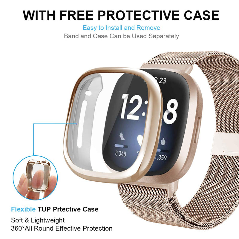 [Australia - AusPower] - Maxjoy Compatible with Fitbit Sense/ Versa 3 Bands, Versa3 Stainless Steel Metal Band Mesh Replacement Bracelet Wristband with Protective Case Compatible with Fitbit Sense/ Versa 3 Watch Champagne 