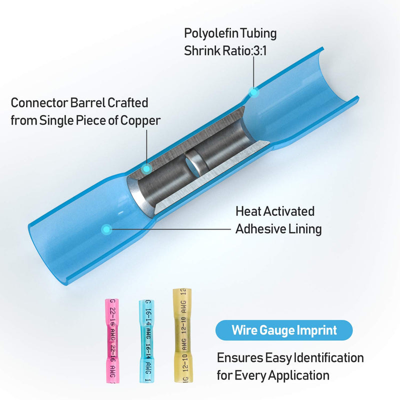 [Australia - AusPower] - TICONN 200PCS Heat Shrink Butt Connectors Kit, Insulated Waterproof Electrical Marine Automotive Wire Crimp Terminals, Butt Splice (3 Colors / 3 Sizes) 