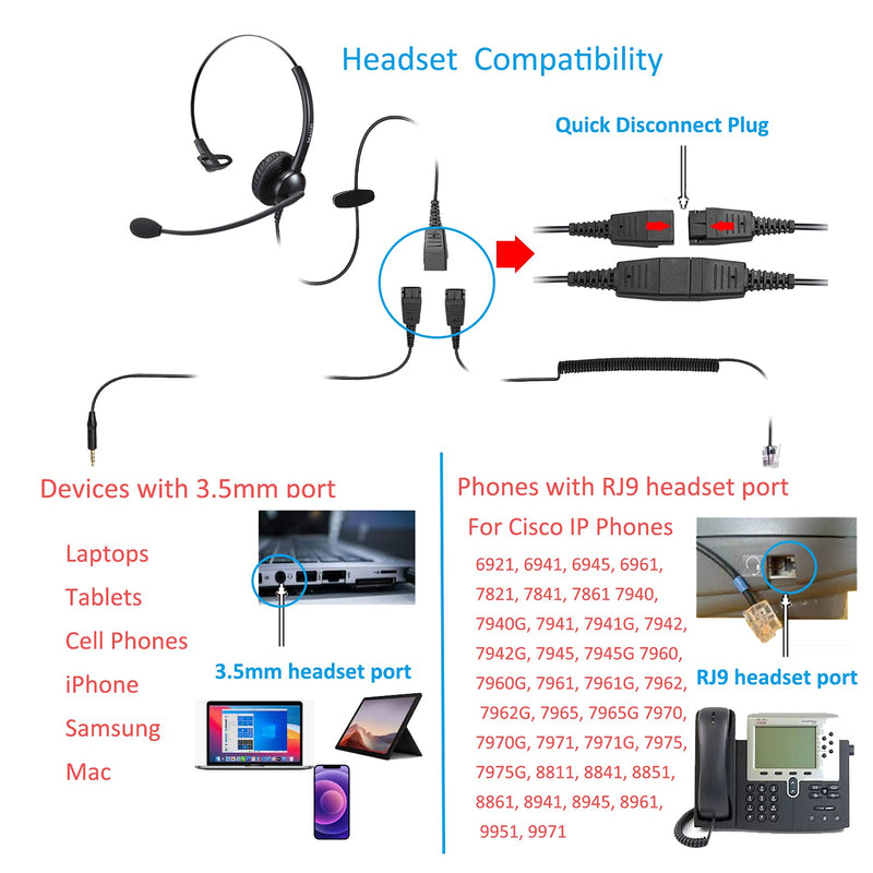 [Australia - AusPower] - Telephone Headset with RJ9 Jack for Cisco Phone, Including 3.5mm Connector for Cell Phone PC Laptop, Office Headset with Microphone Noise Cancelling for Call Center Landline Deskphone M510SC Monaural 