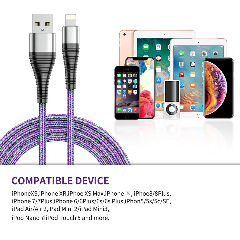 [Australia - AusPower] - iPhone Charger Cable,5 Pack 10ft [MFi Certified] Extra Long Lightning Cable,Strong Nylon Braided 10 Foot Charging Cord for iPhone 12/11/11Pro/11Max/ X/XS/XR/XS Max/8/7/6/5S/SE/iPad Mini Air (Purple) Purple 