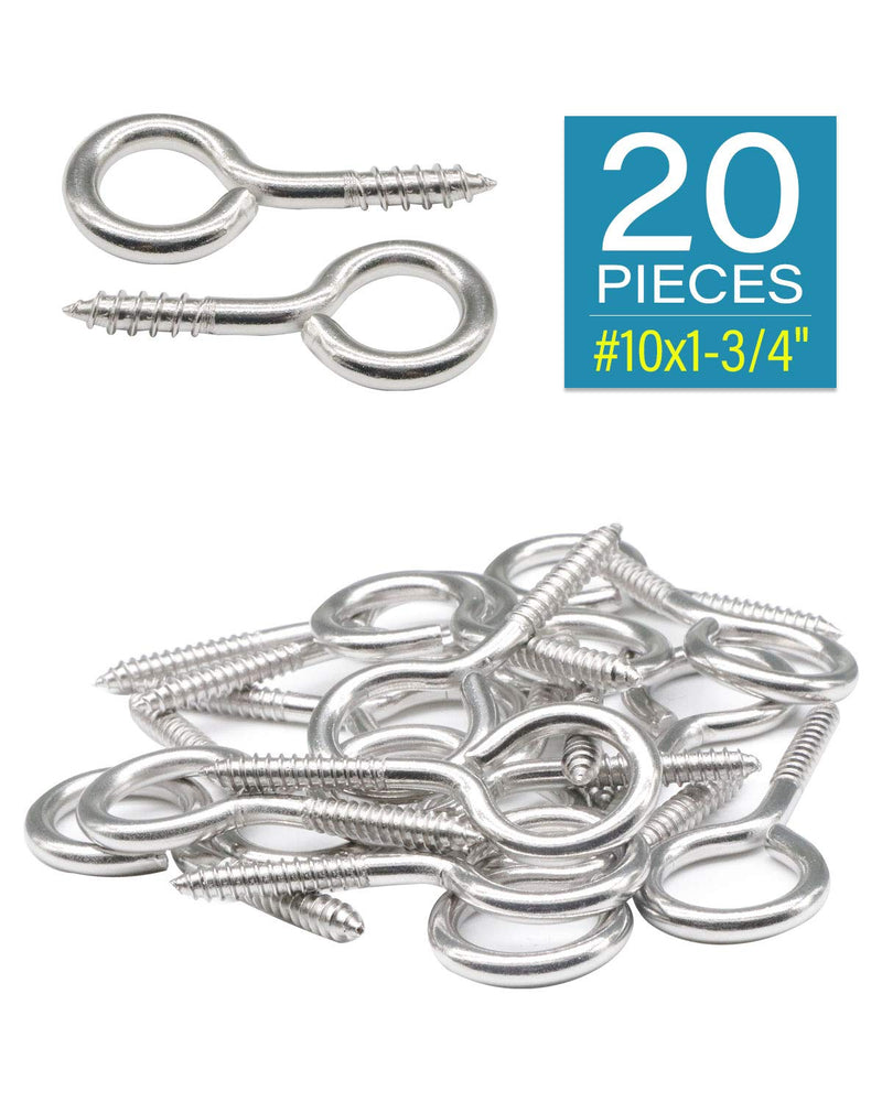 [Australia - AusPower] - IMScrews 20Pcs 1-3/4 Inch Screw Eyes Small Eyelet Screws Lag Eyebolt Heavy Duty Hook 304 Stainless Steel 20Pcs #10 x 1-3/4" 