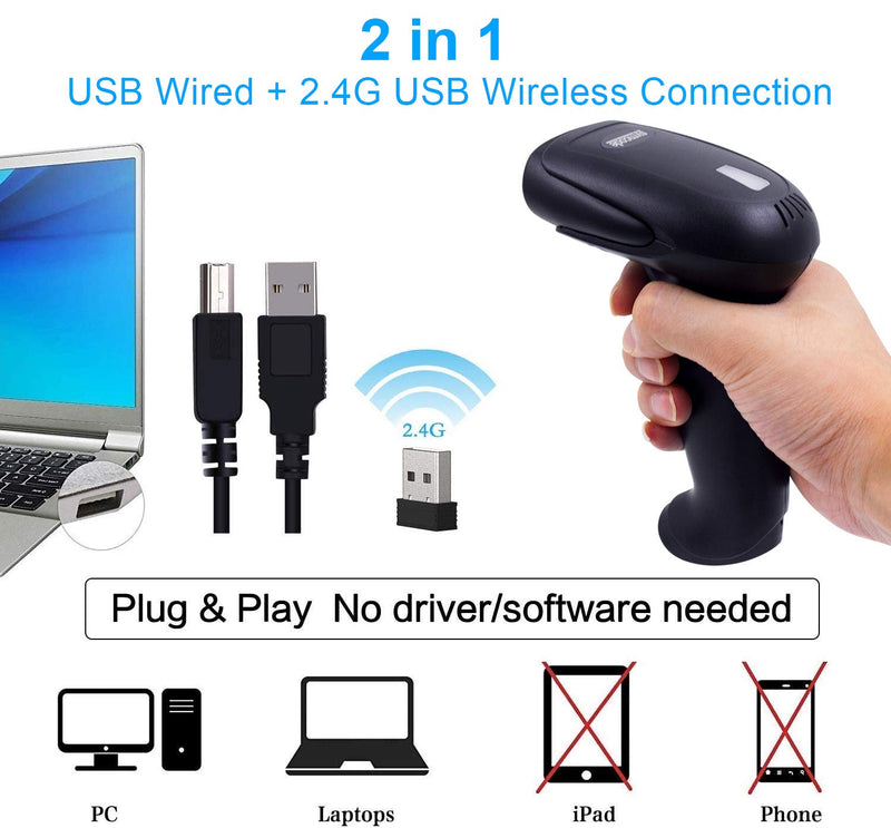 [Australia - AusPower] - USB Wireless Barcode Scanner with Stand,Symcode Barcode Scanner Wireless Versatile 2-in-1 (2.4Ghz Wireless+USB 2.0 Wired) Rechargeable Cordless 1D Barcode Reader USB Handheld Bar Code Scanner Wireless 1D Laser 