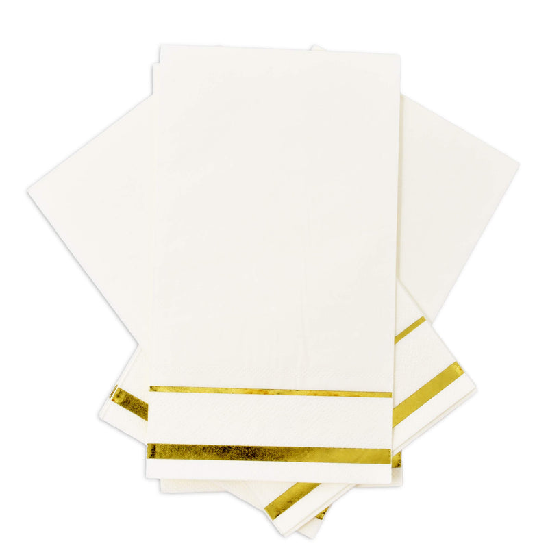 [Australia - AusPower] - 100 Gold Trim Lined Guest Napkins Disposable Paper Pack Elegant Dinner Hand Napkin for Bathroom Wedding Holiday Anniversary Birthday Party Bridal & Baby Shower Metallic Golden Foil Decorative Towels White and Gold 