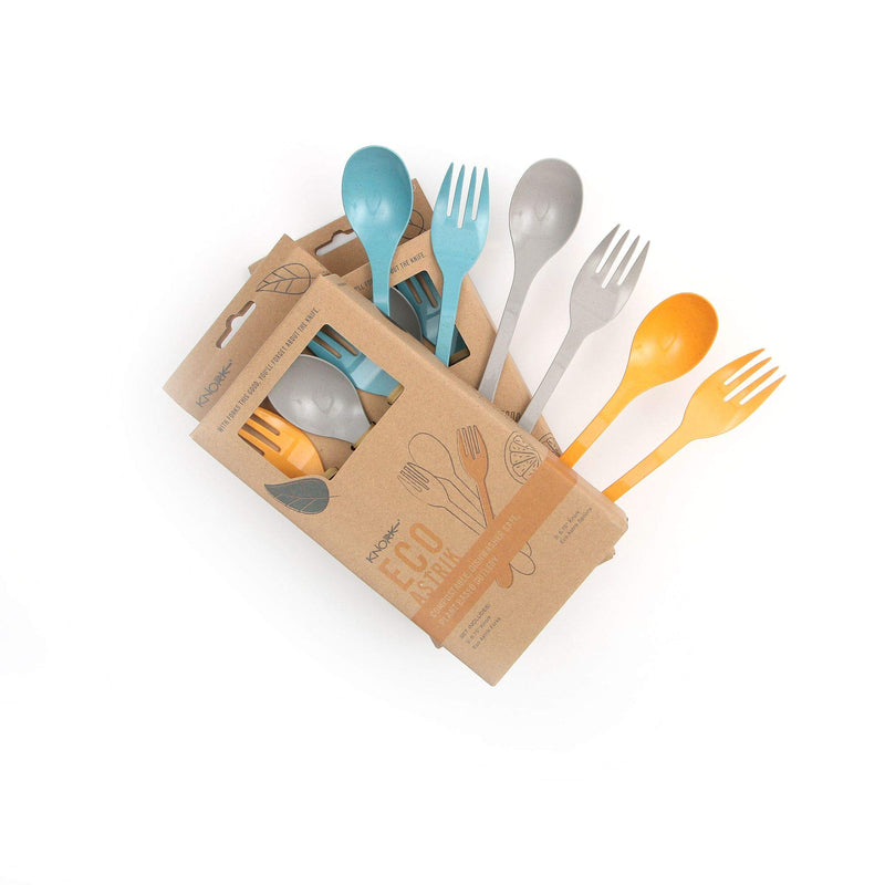 [Australia - AusPower] - Knork Eco Astrik Plant Based Travel Set, 6 Piece Utensil (3 eco Forks, 3 eco Spoons), Blue, Orange, Gray 6 Piece Utensil Set (3 eco forks, 3 eco spoons) 