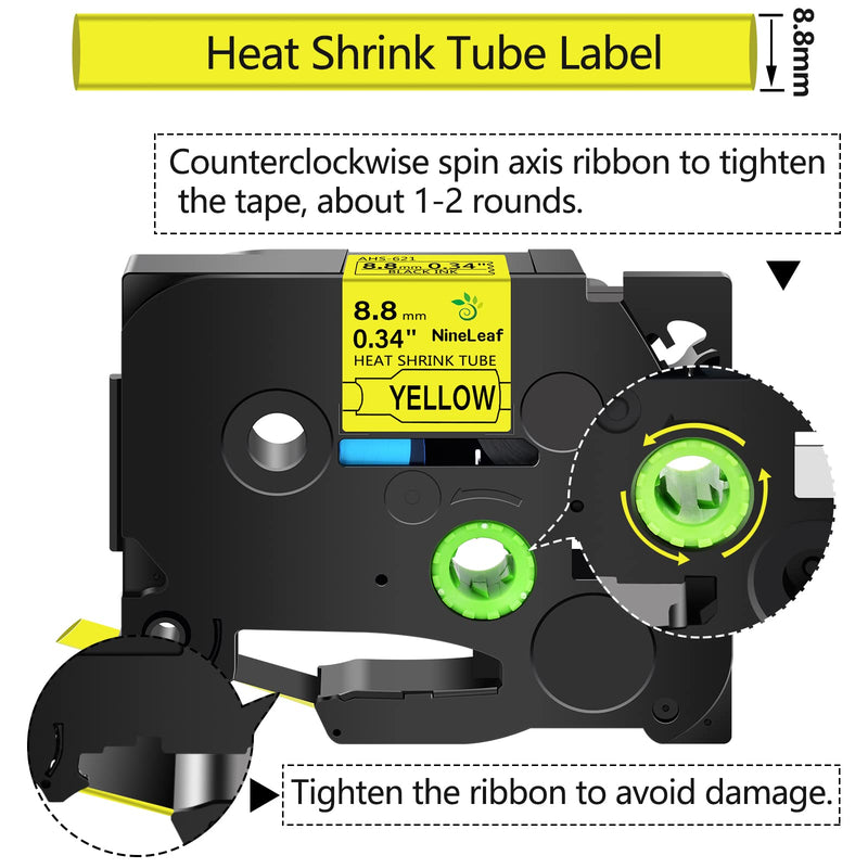 [Australia - AusPower] - NineLeaf 2 Roll Black on Yellow Heat Shrink Tubes Label Tape Compatible for Brother HSe-621 HSe621 HS621 HS-621 for P-Touch PT1180 PTD200 PT1090 Label Maker - 8.8mm (0.34inch) x 1.5m (4.92ft) 8.8 mm (0.34 inch) 