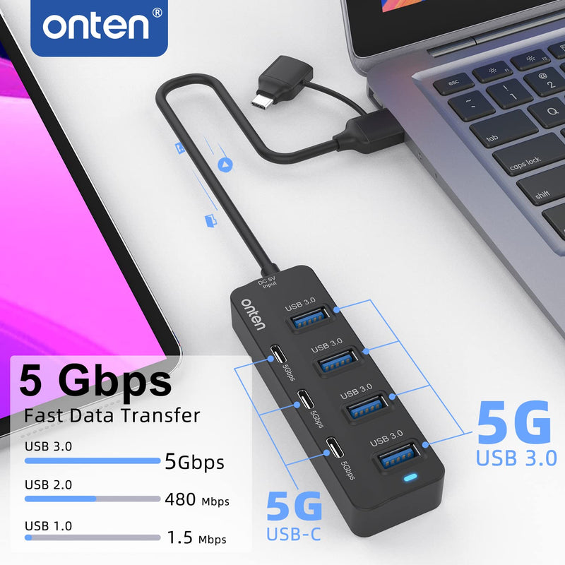 [Australia - AusPower] - Onten USB C Hub,7Port USB 3.0 Hub,USB C to USB C Adapter,USB Splitter with 1.6 ft Cable 4*USB3.0 Ports,3*USB C Ports for Laptop MacBook Surface Pro and More USB/USB C Devices 
