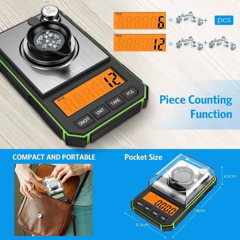 [Australia - AusPower] - Digital Milligram Scale, 50g Portable Mini Scale, 0.001g Precise Graduation, Professional Pocket Scale with 50g Calibration Weights Tweezers (Batteries Included) Green 