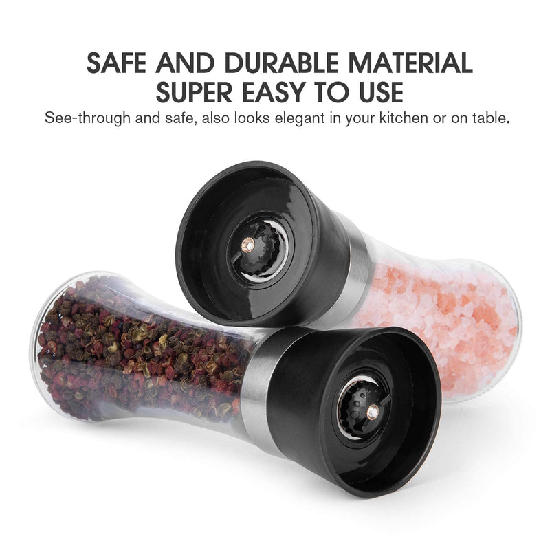 [Australia - AusPower] - Hotder Premium Pepper and Salt Grinder Set of 2-Refillable Coarseness Adjustable Pepper Mill Shaker with Glass Body Christmas Gift( Two Pack),(Not Include Salt and Pepper) 7.5 Tall 