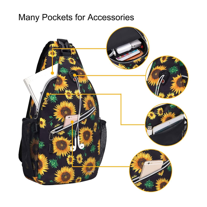 [Australia - AusPower] - MOSISO Sling Backpack,Travel Hiking Daypack Sunflower Rope Crossbody Shoulder Bag Black 