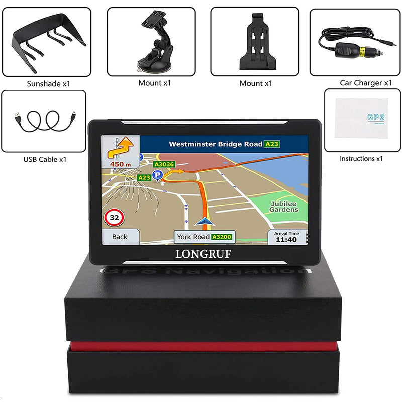 [Australia - AusPower] - 【2022 New】 GPS Navigation for Car, LONGRUF Latest Map 7 inch Touch Screen Real Voice Spoken Turn-by-Turn Direction Reminding Navigation System for Cars, Vehicle GPS Satellite Navigator Black 