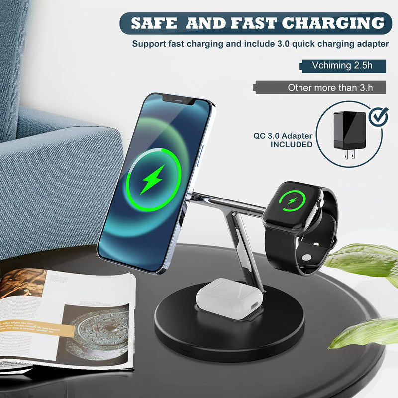 [Australia - AusPower] - 3 in 1 Magnetic Wireless Charging Station, Vchiming Fast Charger Stand with QC 3.0 Adapter for iPhone 13/12 / Pro Max/Pro/Mini/iWatch SE / 1/2 / 3/4 / 5 / AirPods/Pro, Color Black 