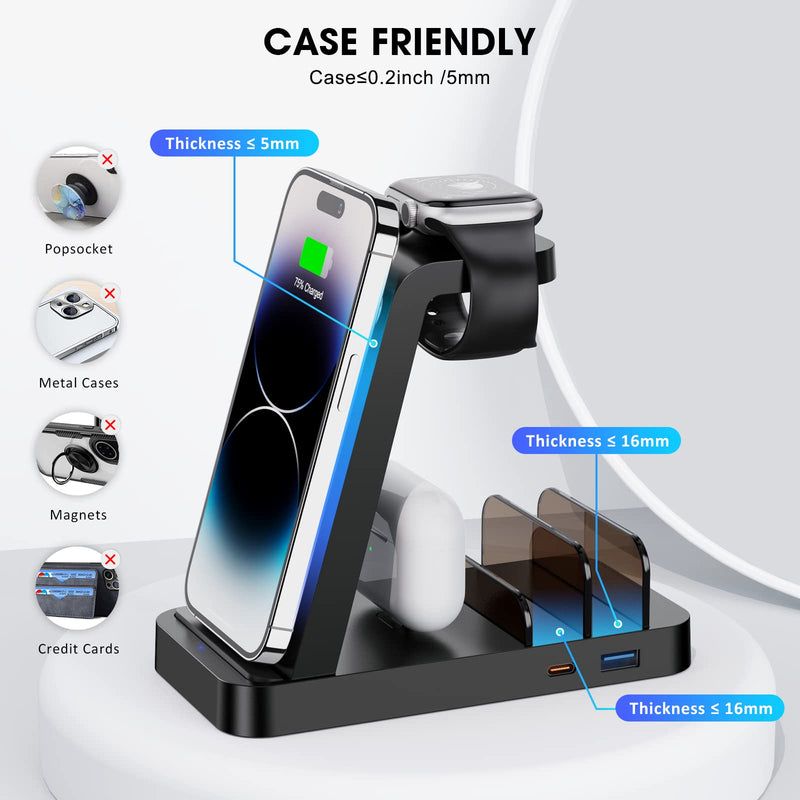 [Australia - AusPower] - Wireless Charger for iPhone - 5 in 1 Charging Station for Multiple Devices Apple: Fast Wireless Charging Stand Dock for iPhone 14 13 12 Pro Max Apple Watch Airpods 