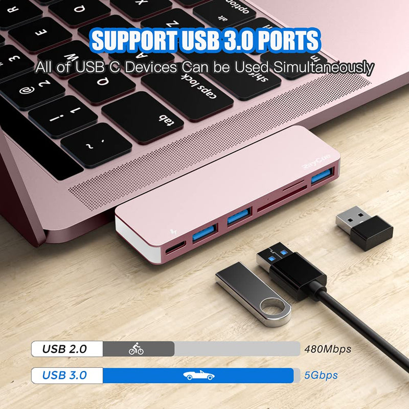[Australia - AusPower] - USB C Hub Adapter for MacBook Pro/Air 2020 2019 2018, 6 in 1 USB-C Accessories Compatible with MacBook Pro 13″ and 15″ with 3 USB 3.0 Ports, TF/SD Card Reader, USB-C Power Delivery (Pink) Pink 