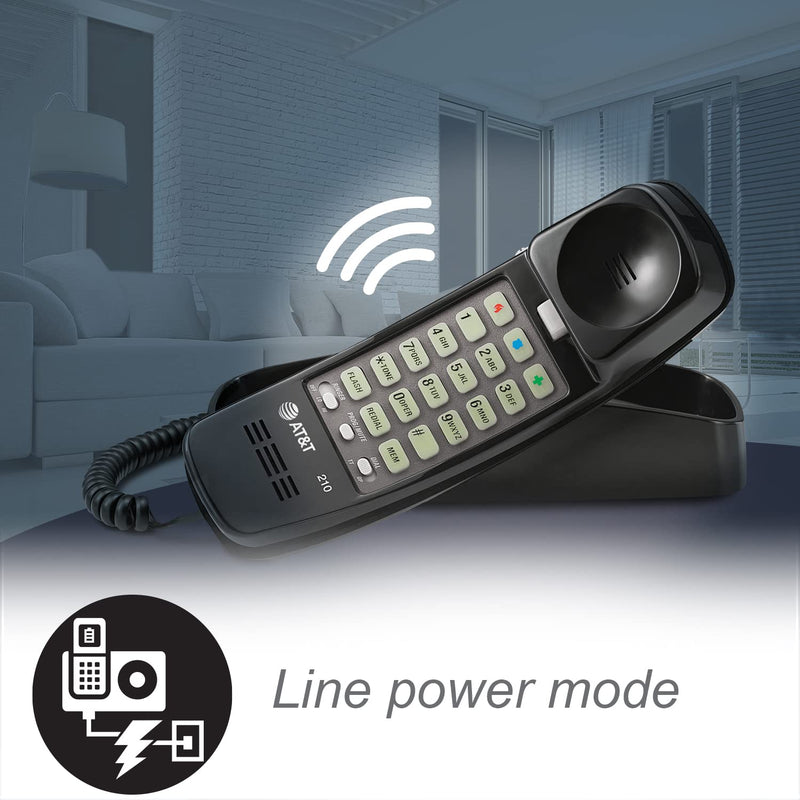 [Australia - AusPower] - AT&T 210 Basic Trimline Corded Phone, No AC Power Required, Wall-Mountable, Black 