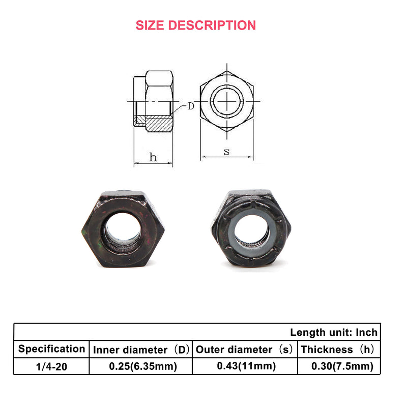 [Australia - AusPower] - cSeao 100pcs Black 1/4"-20 Nylock Nylon Inserted Lock Nuts Self Locking Nut, Zinc Plated Carbon Steel 1/4"-20 100pcs 