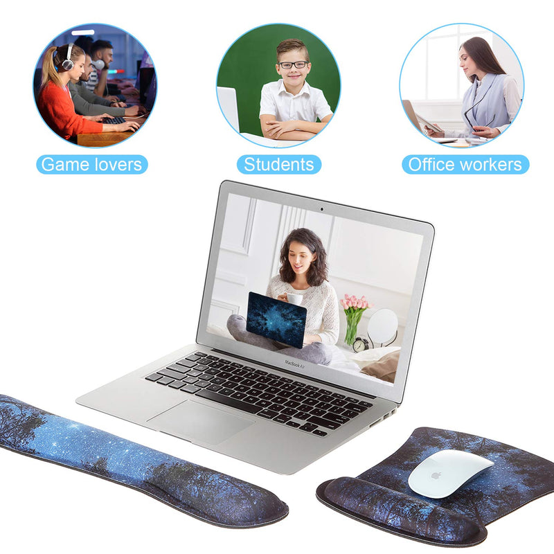 [Australia - AusPower] - Ergonomic Mouse Pad with Wrist Support and Keyboard Wrist Rest Pad, iDonzon Cute Wrist Pad with Non-Slip Rubber Base and Raised Memory Foam, Easy Typing & Pain Relief, Forest Starry Blue 