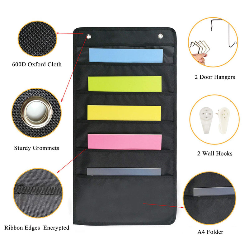 [Australia - AusPower] - Set of 2 Hanging File Holder Organizer Rack, 5 Pocket File Folders, Wall Mount, Tier Racks Hang Bedroom Desk Expanding Fabric File, Board Business Card, Bathroom Hair Tool, Home Decor Shelf Black 5 Pocket (2 Pack) 