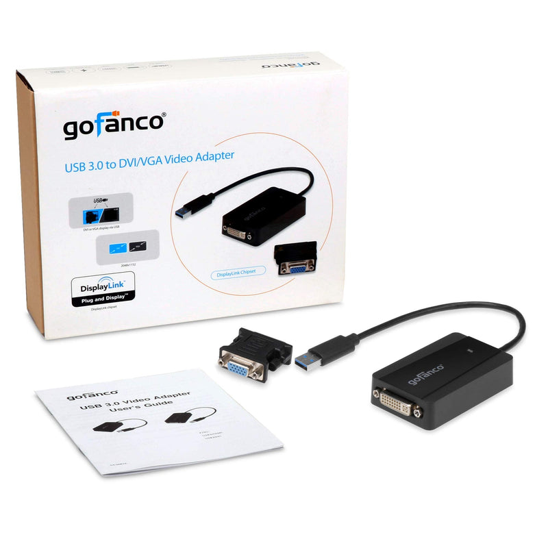 [Australia - AusPower] - gofanco USB 3.0 to DVI Video Graphics Adapter for Multiple Monitors - Up to 2048x1152 for Windows and macOS, DisplayLink Chip, Includes DVI-to-VGA Adapter for VGA Monitor, USB DVI (USB3DVI) USB 3.0 to DVI / VGA 