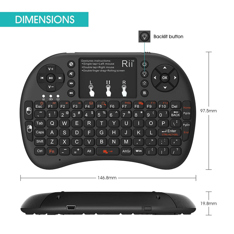 [Australia - AusPower] - Rii 2.4GHz Mini Wireless Keyboard with Touchpad＆QWERTY Keyboard, Backlit Portable Keyboard with Remote Control for Laptop/PC/Tablets/Windows/Mac/TV/Xbox/PS3/Raspberry Pi .(Black) 