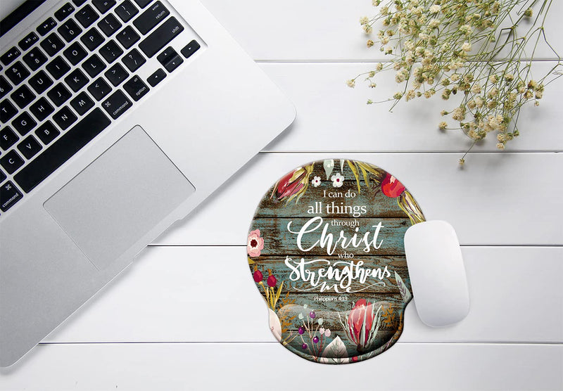[Australia - AusPower] - Bible Verse Scripture Quote-I can do All Things Through Christ who Strengthens Me Philippians 4-13 Mouse Pad, Vintage Floral Rustic Old Wood Inspirational Quote Mouse Wrist Rest Support Pads Wood grain gray 