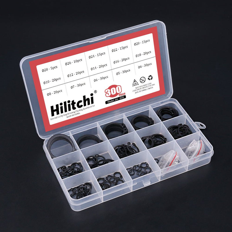 [Australia - AusPower] - Hilitchi 300-Pcs [15-Size] Alloy Steel External Circlip Snap Retaining Clip Ring Assortment Set 