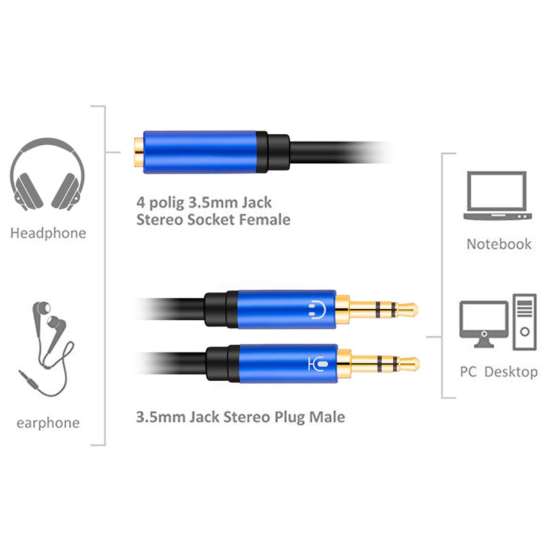 [Australia - AusPower] - Headphone Splitter,Tan QY Headphone Splitter for Computer 3.5mm Female to 2 Dual 3.5mm Male Headphone Mic Audio Y Splitter Cable Smartphone Headset to PC Adapter (5Ft/1.5M, Blue) 5Ft/1.5M 