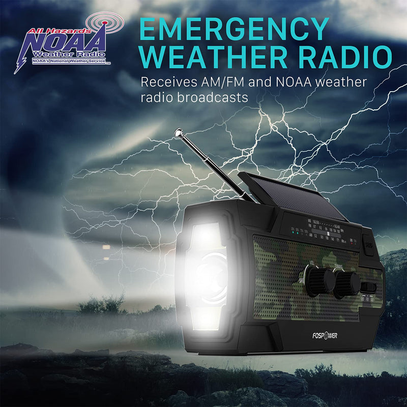 [Australia - AusPower] - FosPower 4000mAh NOAA Emergency Weather Radio (Model A3) Portable Power Bank w/Solar Charging, Hand Crank & Battery Operated, SOS Alarm, Motion Sensor Setting, AM/FM & Flashlight for Emergency - Camo Camo Green 