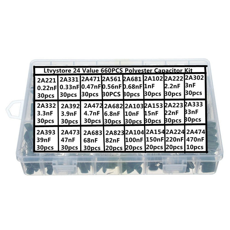 [Australia - AusPower] - Capacitor Kit, Metalized Mylar Polyester Film Capacitor Assorted Assortment Box Kit Set 100V - Through Hole Capacitors, Range 0.22NF- 470NF, Pack of 660 Ltvystore 