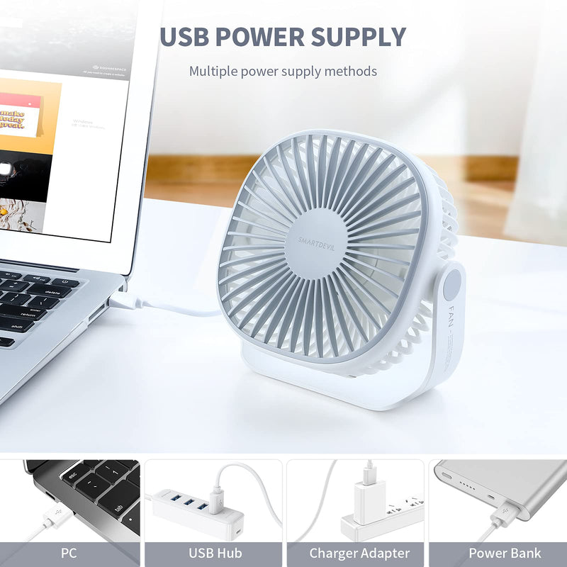 [Australia - AusPower] - SmartDevil Small Rechargeable Desk Fan, 3 Speeds 2000mAh Portable Personal Battery Operated Desktop Fan with Pasteable Hook, Dual 360° Adjustment Quiet Table Fan, for Home Office Outdoor (White) White 