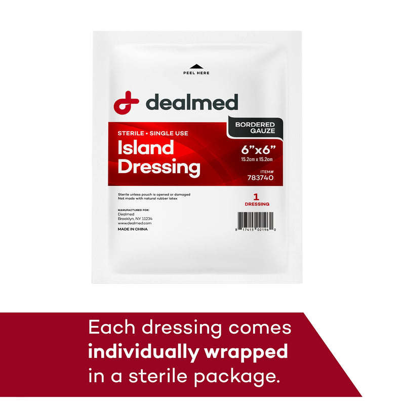 [Australia - AusPower] - Dealmed Sterile Bordered Gauze Island Dressings – 25 Count, 6" x 6" Gauze Pads, Disposable, Latex-Free, Adhesive Borders with Non-Stick Pads, Wound Dressing for First Aid Kit and Medical Facilities 6x6 Inch (Pack of 25) 