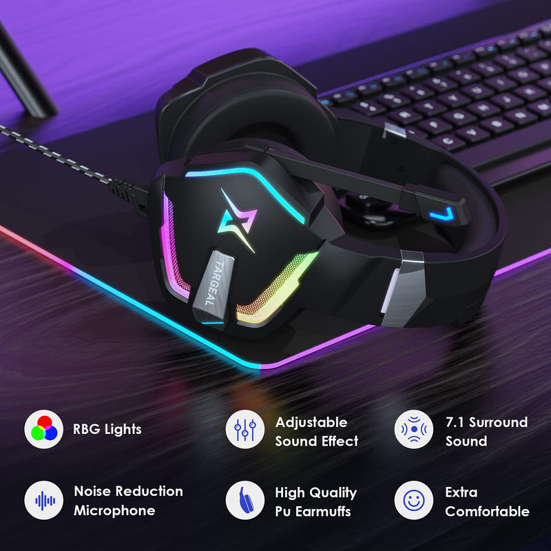 [Australia - AusPower] - targeal Gaming Headset with Microphone for PC PS5 PS4 Switch Laptop Mac, USB Wired 7.1 Surround Sound Gaming Headphones with Omni-Directional Noise Canceling Mic, RGB LED, Without Type C Cable SKY-917 