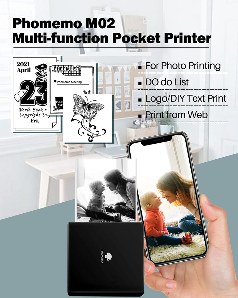 [Australia - AusPower] - Phomemo Mini Note Printer- M02 ocket Thermal Bluetooth Mini Mobile Printer with 3 Rolls Paper, for Printing Photos, Text, Study Notes, DIY Sticker, Gift, Black 